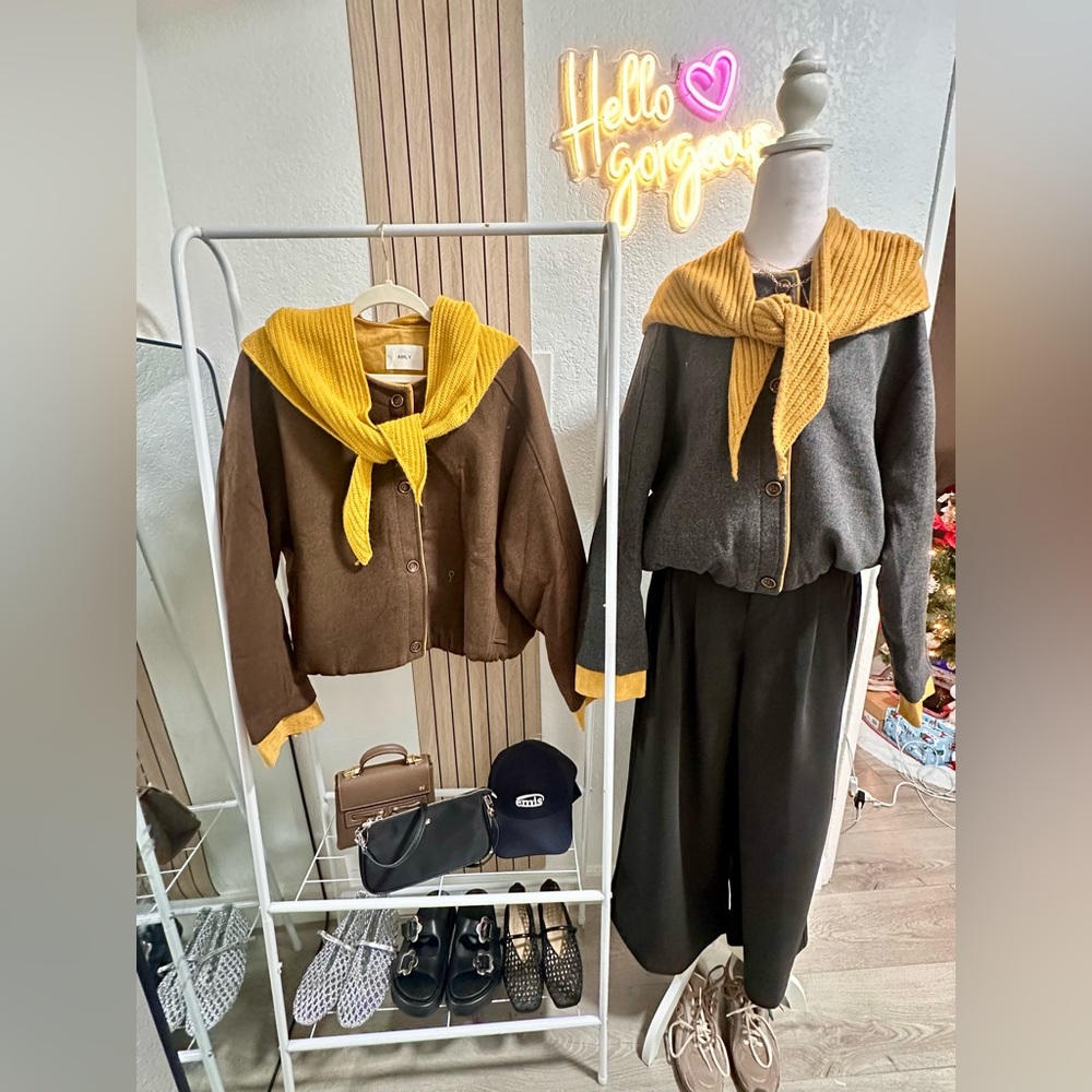 Coat with soft knit mustard scarf detail-brown
